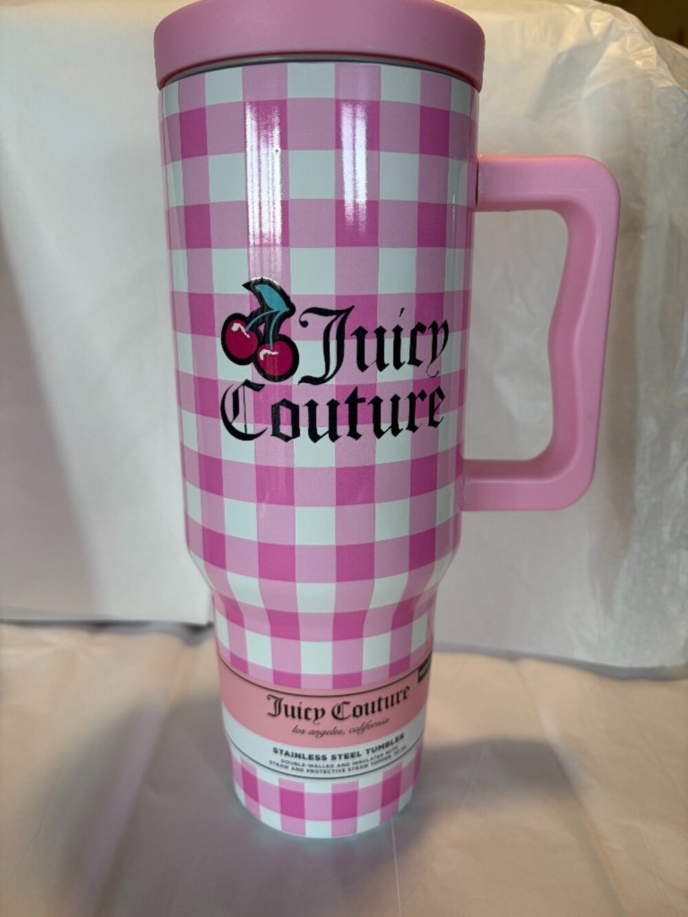 Juicy Couture 40oz Tumbler Pink Gingham Cherry Cup w Handle Straw